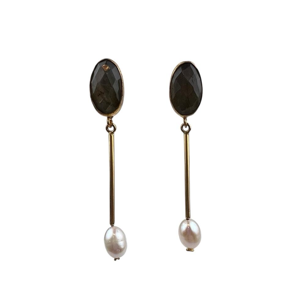 Isim Ogygia Pierced Earrings Real Pearl Labradorite Gold Plated Bar